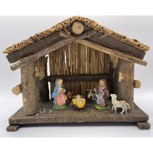 Vintage Antique Rustic Wood Nativity Creche Manger Stable Made in Italy Animals